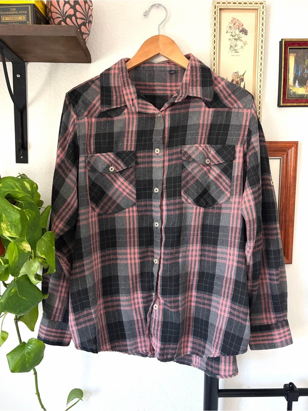 Design In Italy Luxury Plaid Flannel Pink Gray Button Up Roll Tab Sleeve - 2XL